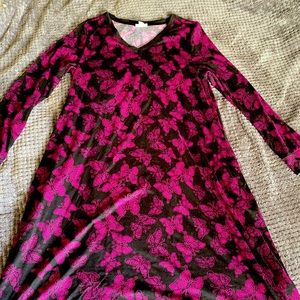 LLR Emily dress, black with deep purple butterfly pattern